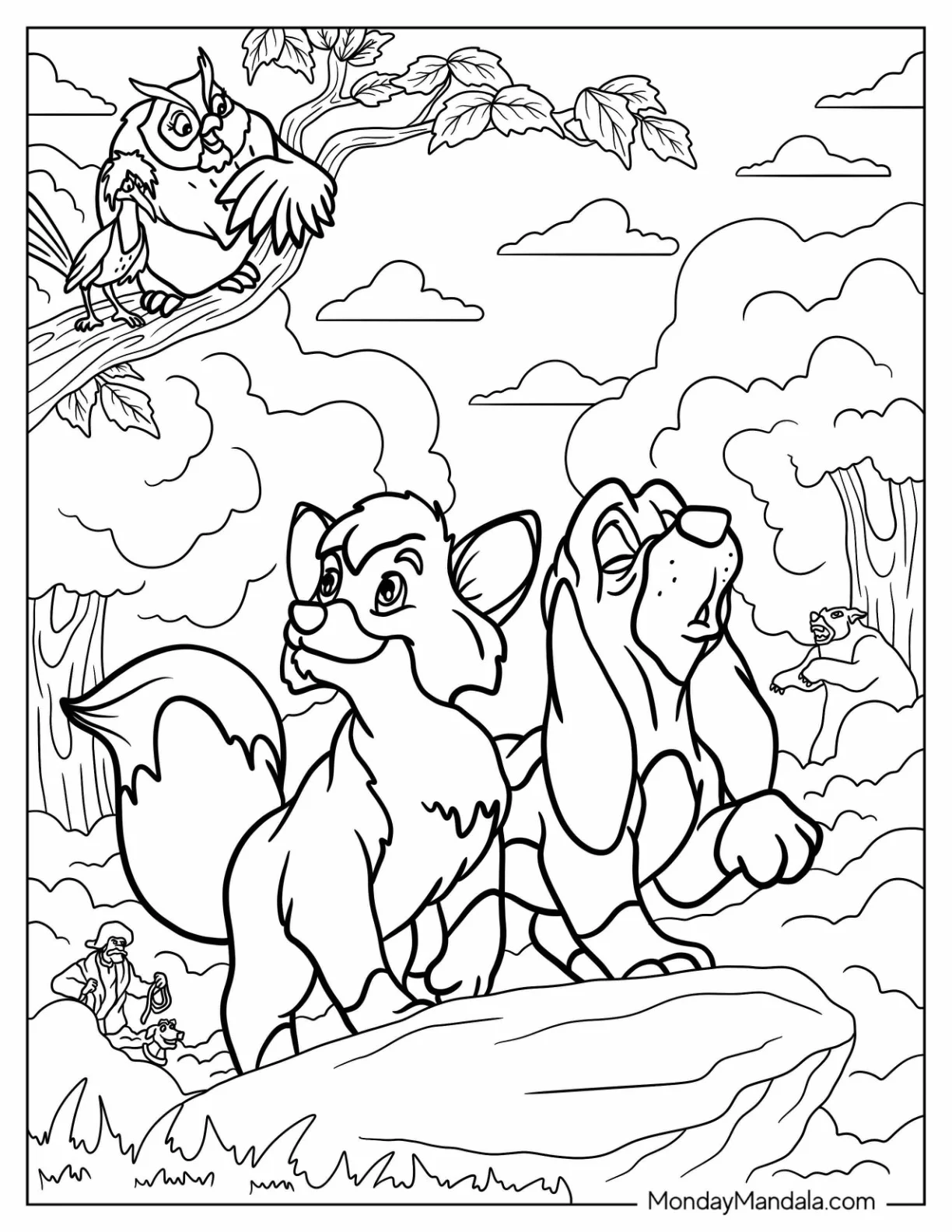 Fox And Hound Coloring Page Of Todd And Copper Howling On A Rock With Big Mama, Chief, And Amos Slade In The Back coloring page