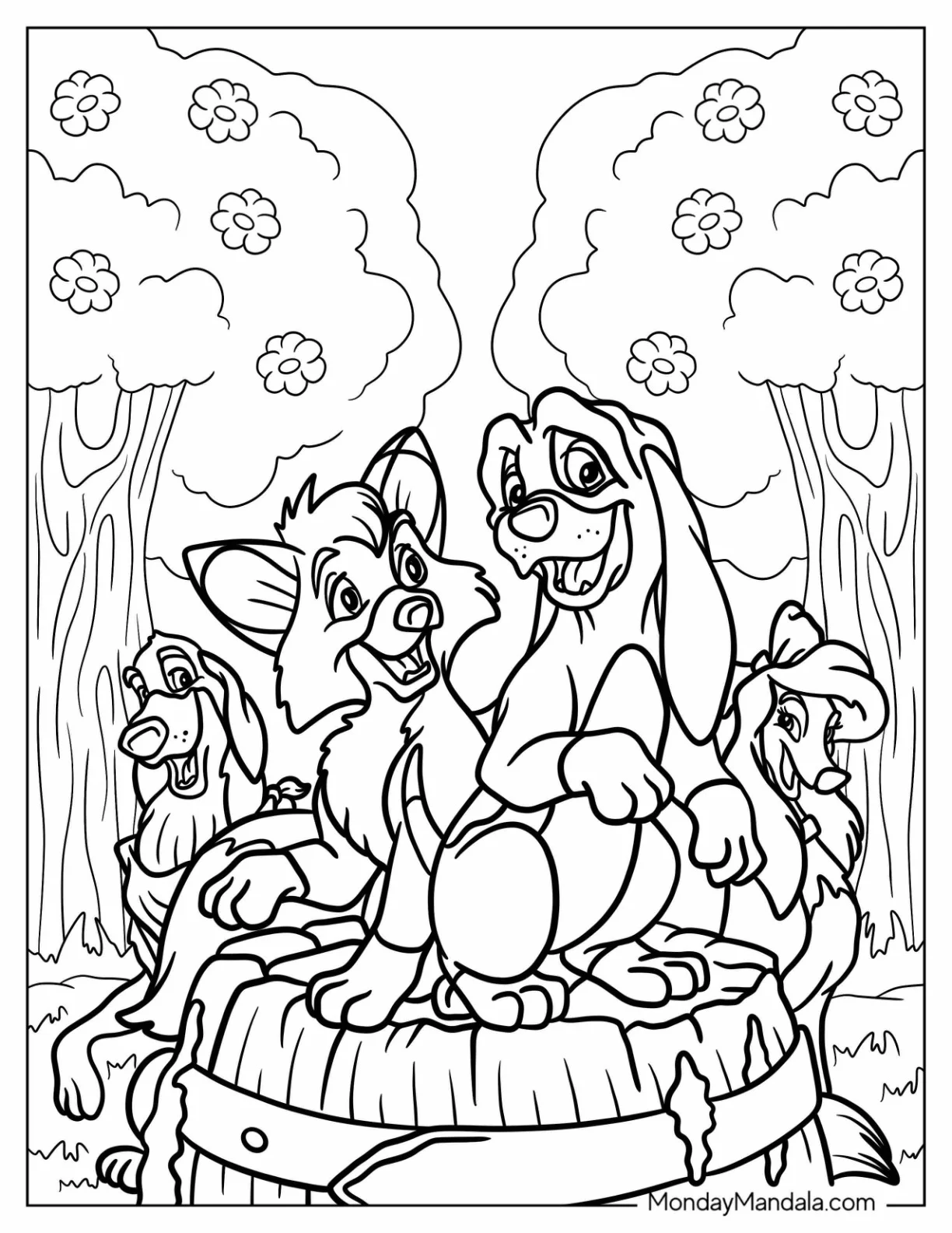 Fox And Hound Coloring Page Of Todd, Copper, Chase, And Dixie coloring page — printable line art