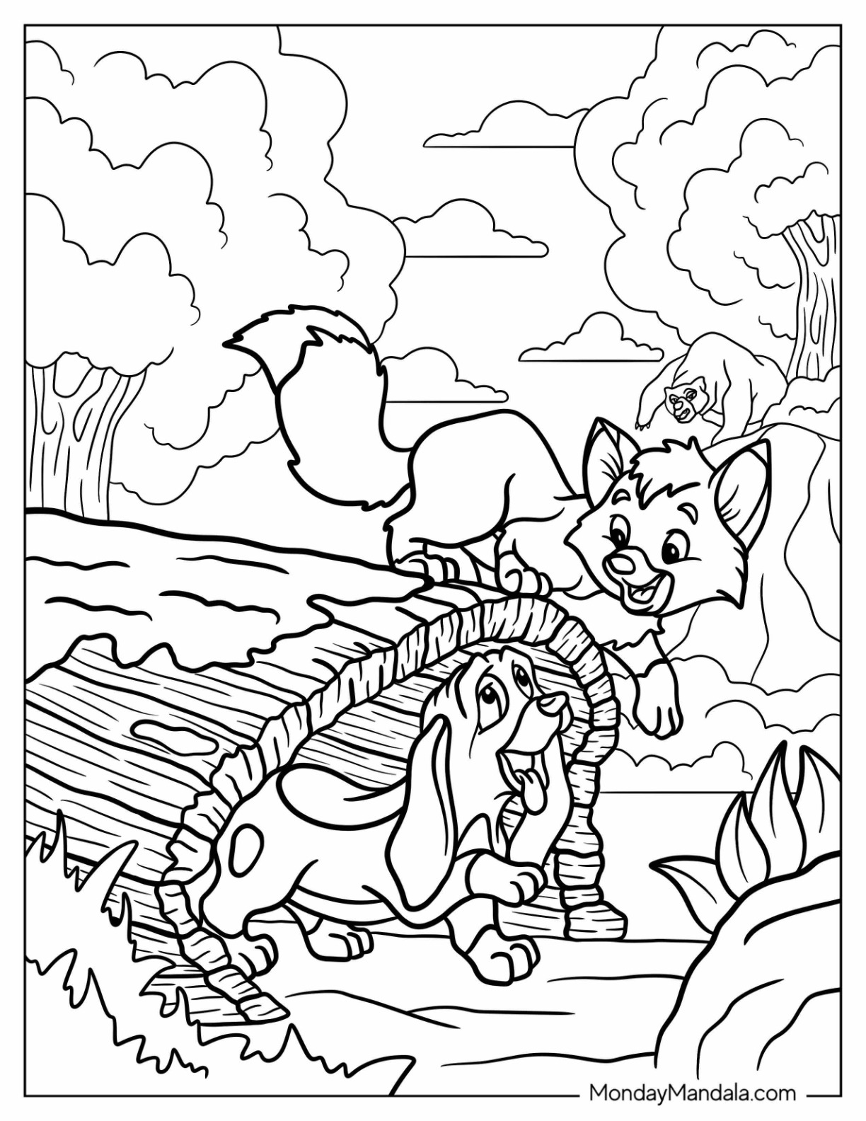 Fox And Hound Coloring Page Of Todd Playing On A Log With Copper coloring page