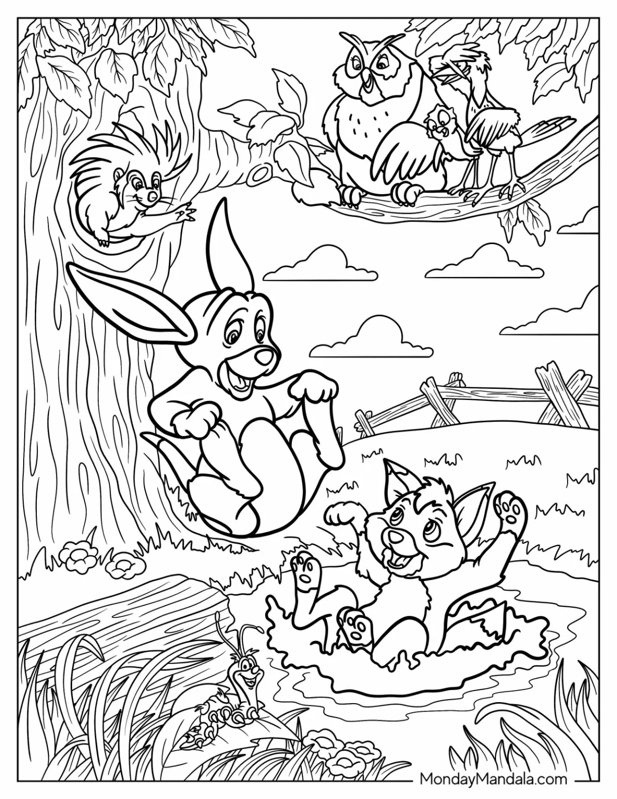 Fox And Hound Coloring Page Of Young Todd And Copper Playing In The Water With Friends coloring page