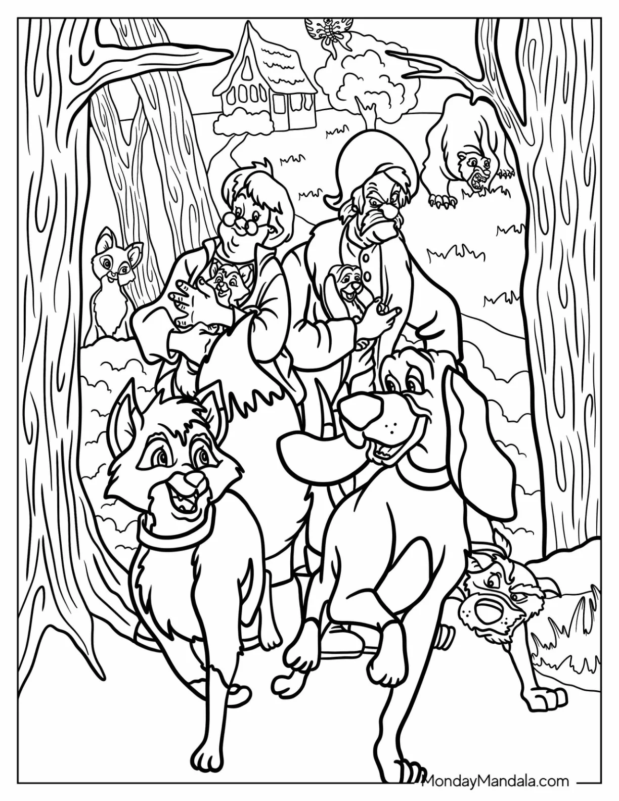 Fox And Hound Coloring Page With Amos And Widow Tweed In The Forest coloring page
