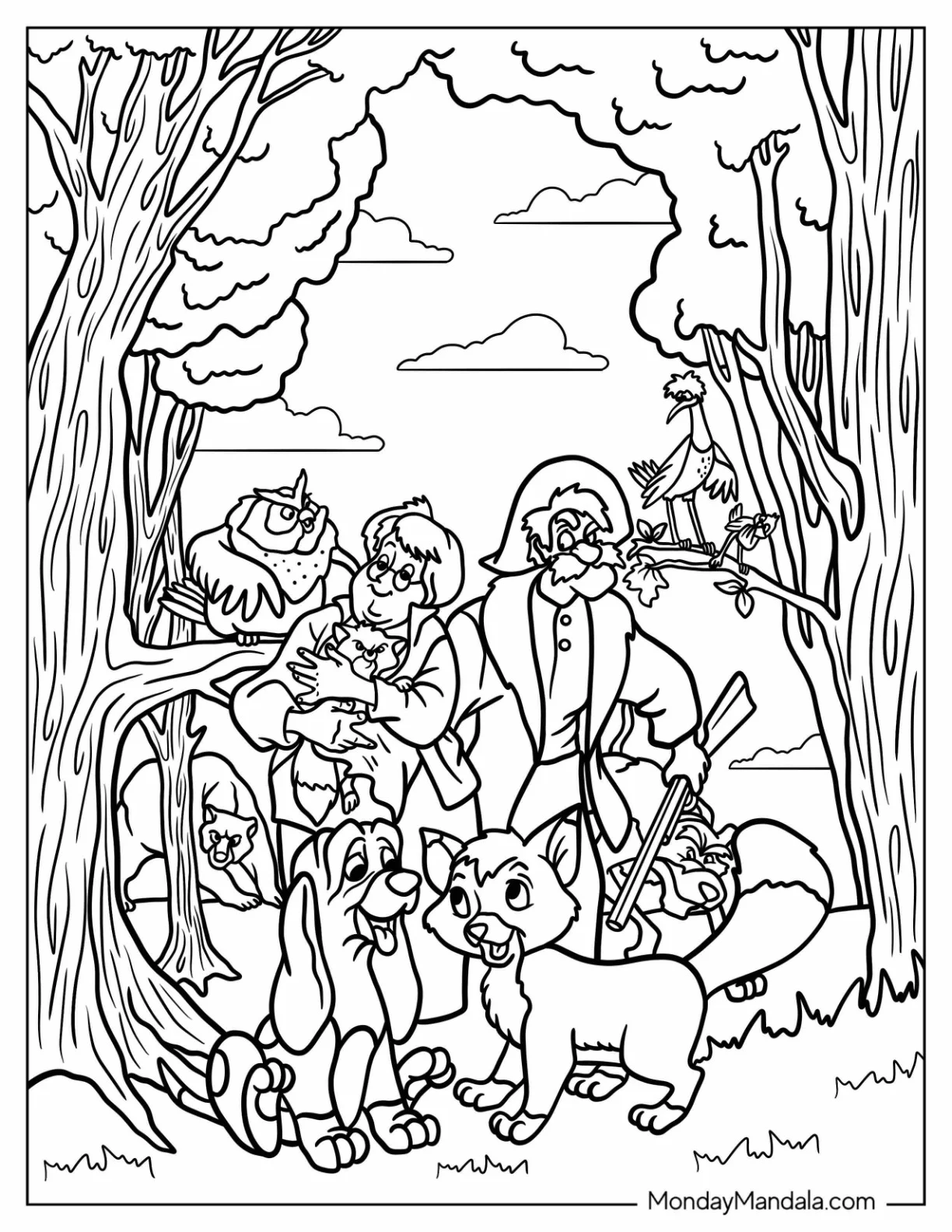 Fox And Hound Coloring Page With Big Mama, Widow Tweed, Amos, Chief, Dinky, And Boomer coloring page — printable line art