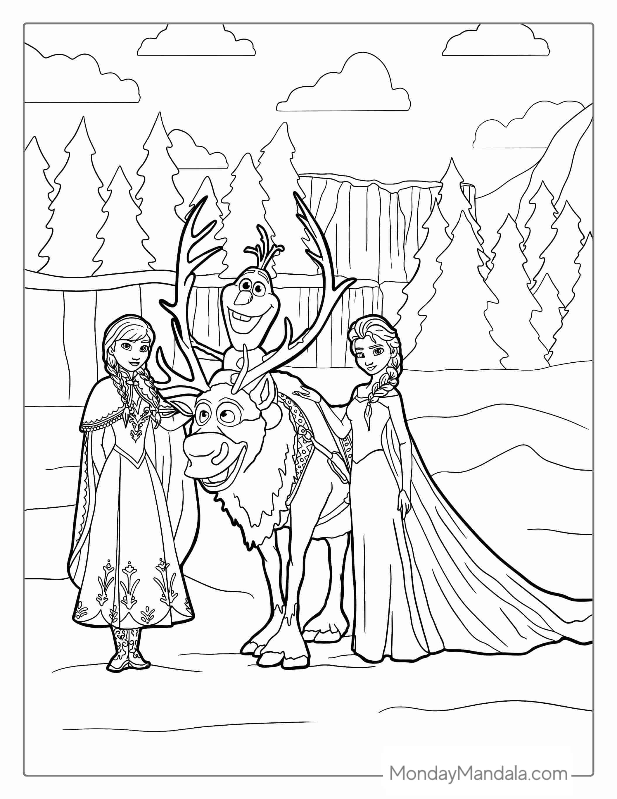 Anna, Elsa, Olaf, And Sven Coloring Page coloring page — printable line art