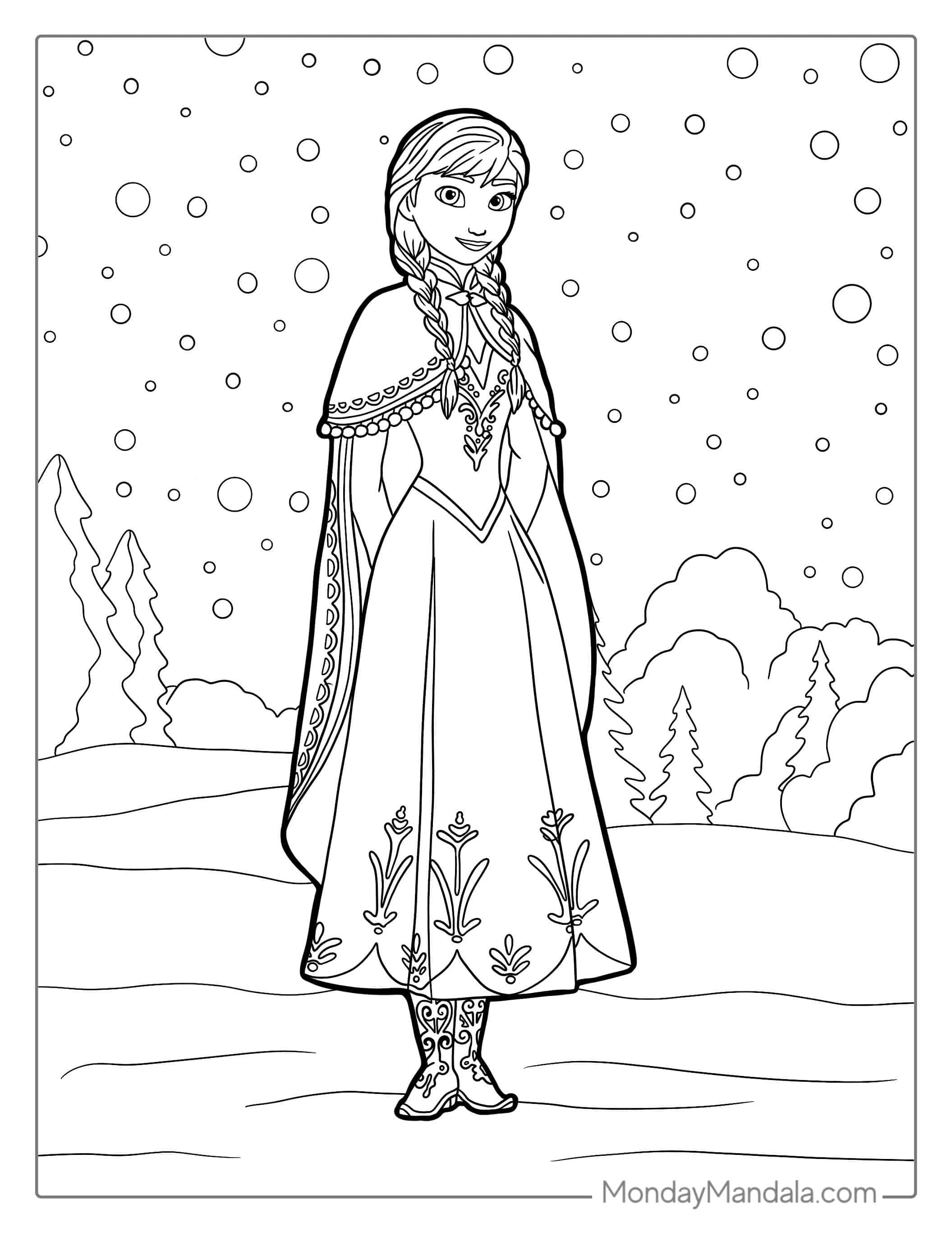 Anna Surrounded By Falling Snow To Color coloring page
