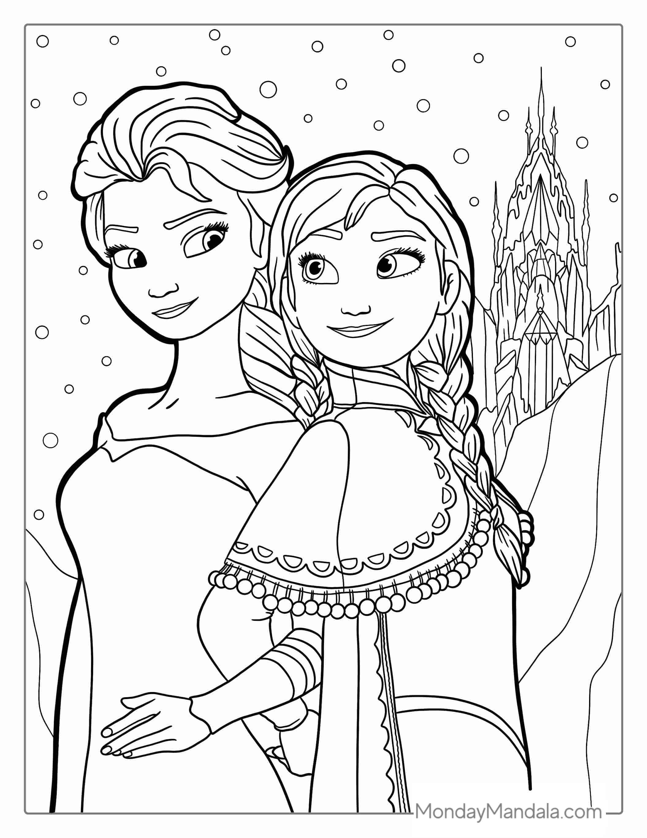 Elsa And Anna With Castle Coloring Sheet coloring page