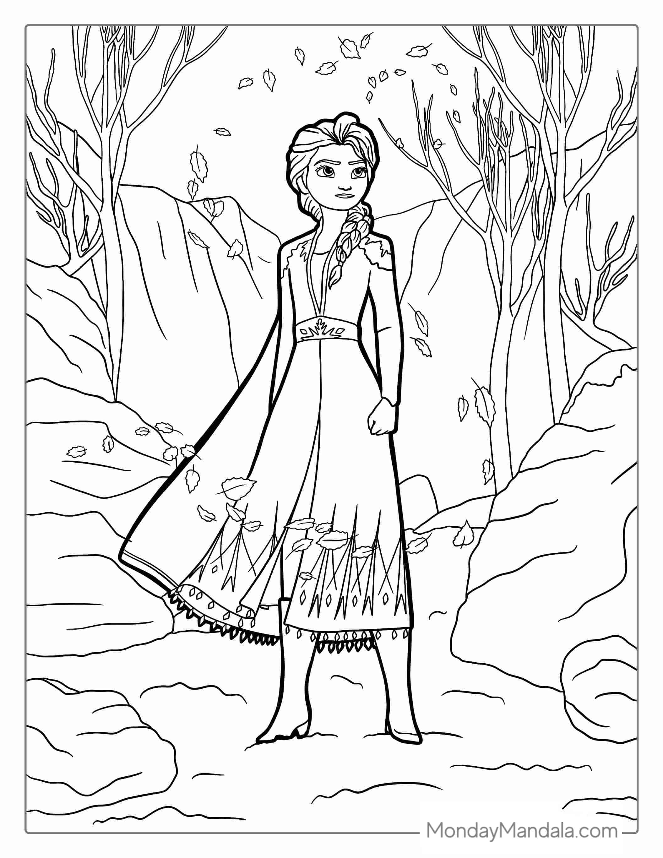 Elsa Standing In Canyon With Swirling Leaves To Color coloring page