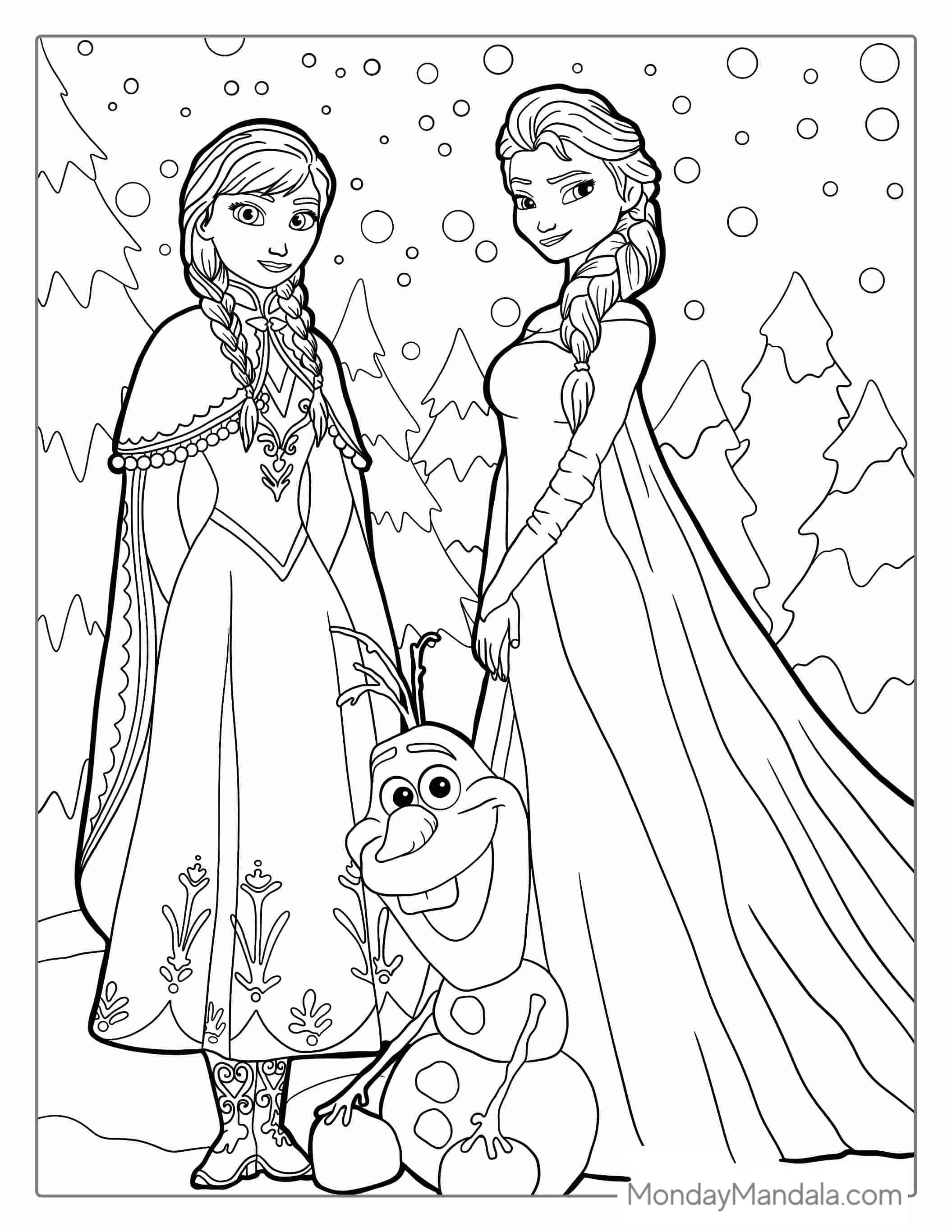 Olaf, Elsa, And Anna Coloring Page For Kids coloring page
