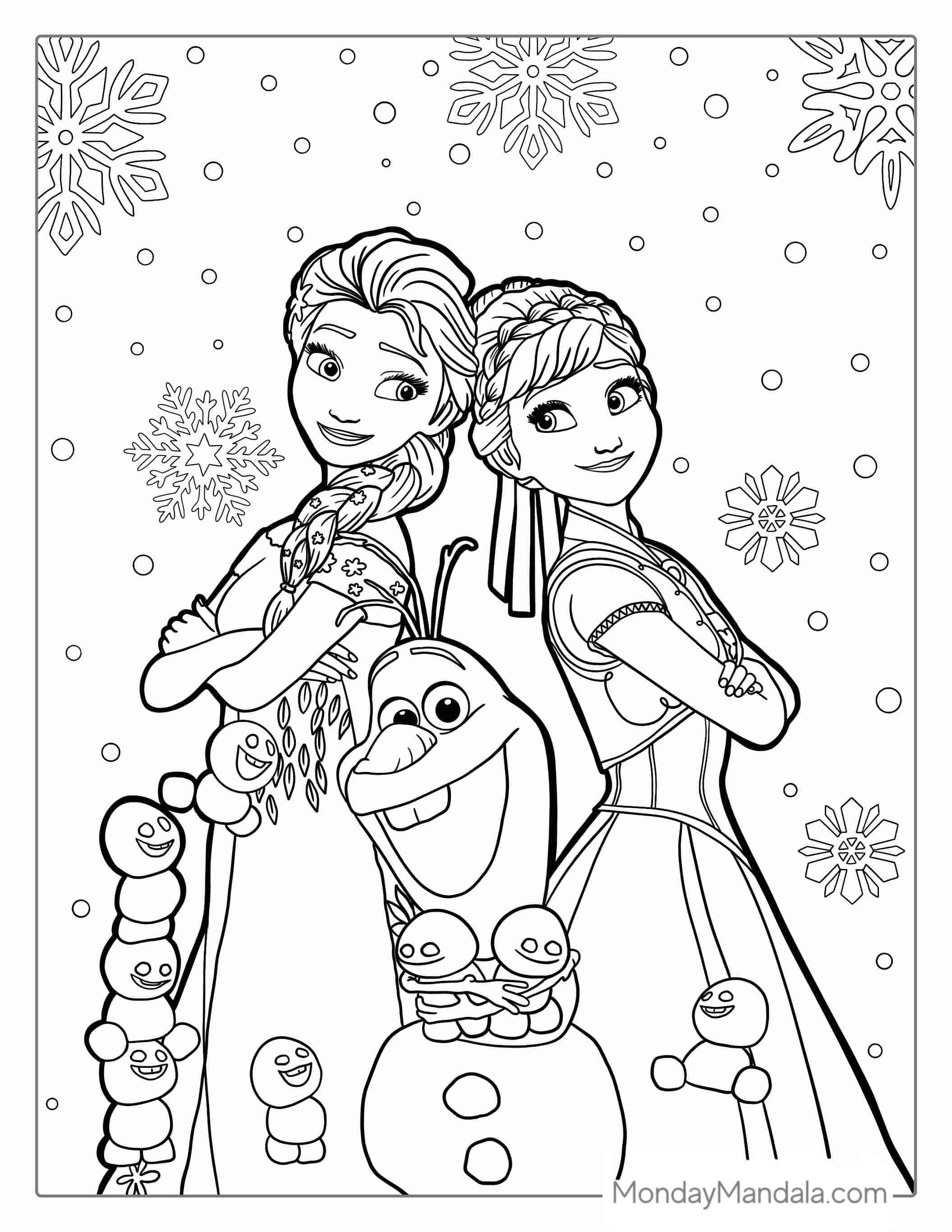 Snow-Babies, Olaf, Anna, And Elsa To Color coloring page