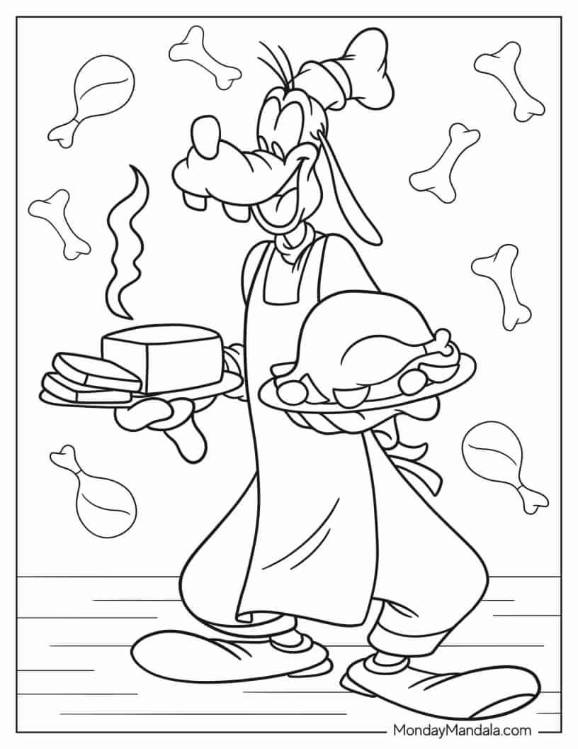 Chef Goofy Serving Bread And Turkey Coloring Page coloring page