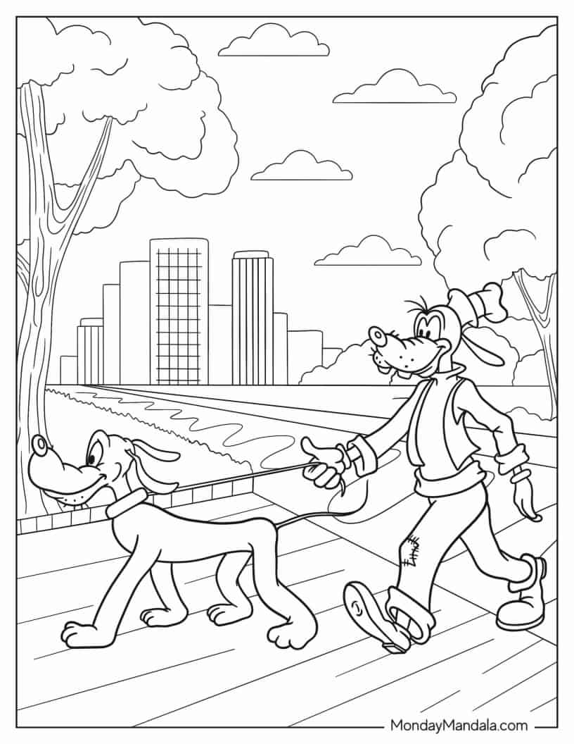 Coloring Sheet Of Goofy Walking Pluto The Dog coloring page