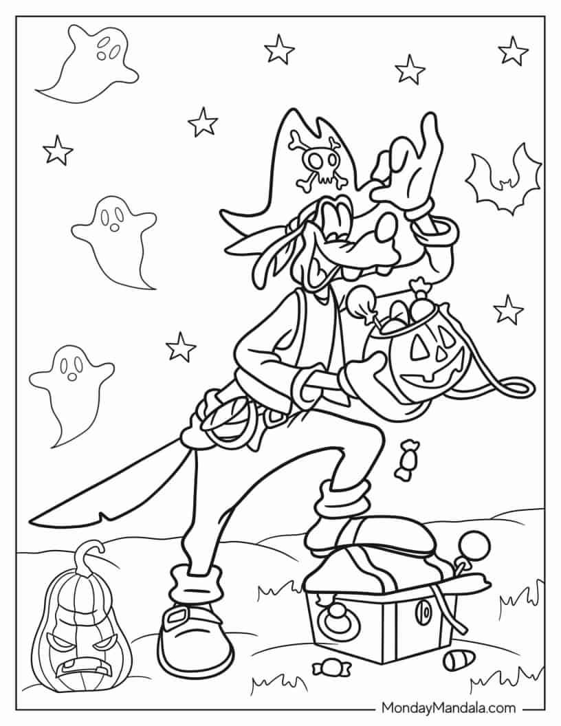 Goofy In Pirate Costume Trick Or Treating On Halloween Coloring In coloring page