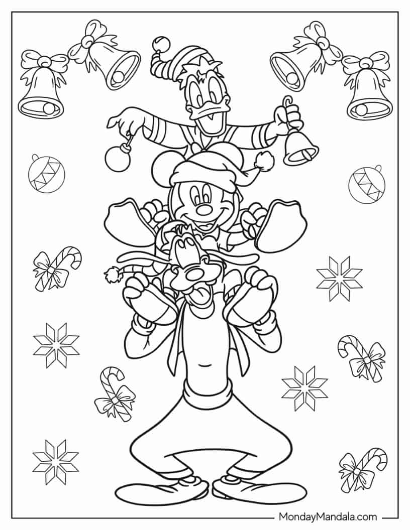 Goofy With Mickey Mouse And Donald Duck On Christmas coloring page