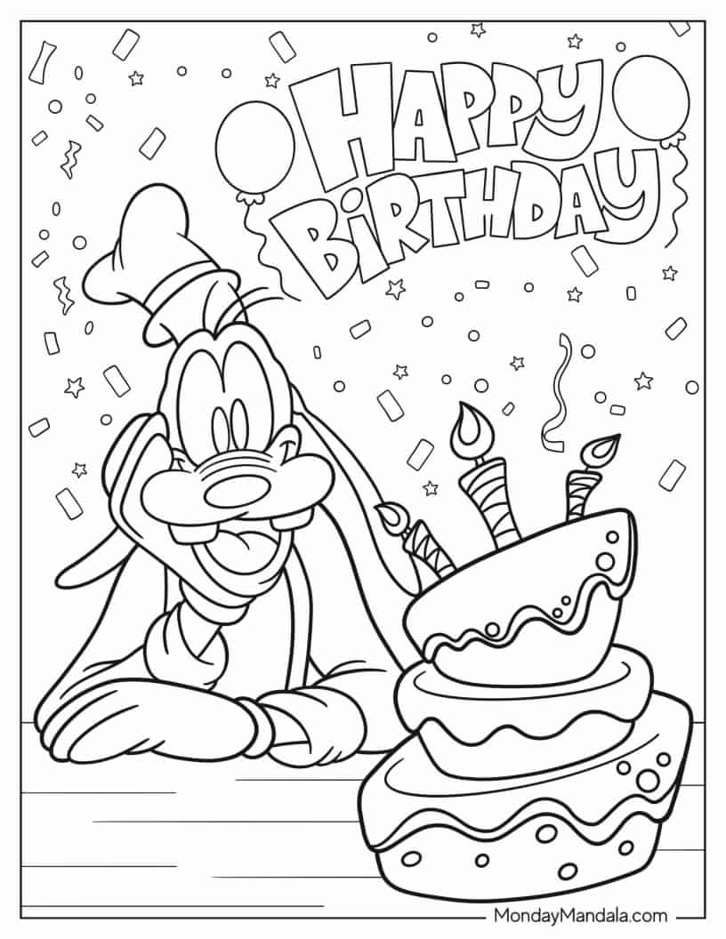 Happy Birthday Goofy with Birthday Cake coloring page