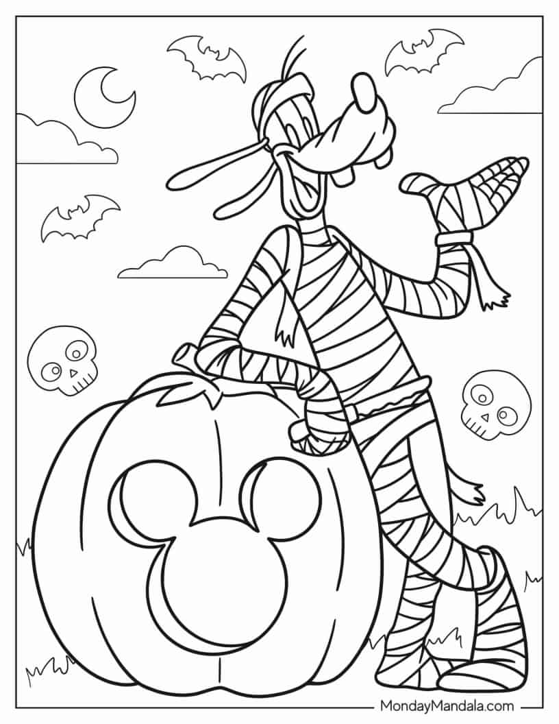Mummy Goofy With Jack-O-Lantern Halloween Coloring Page coloring page
