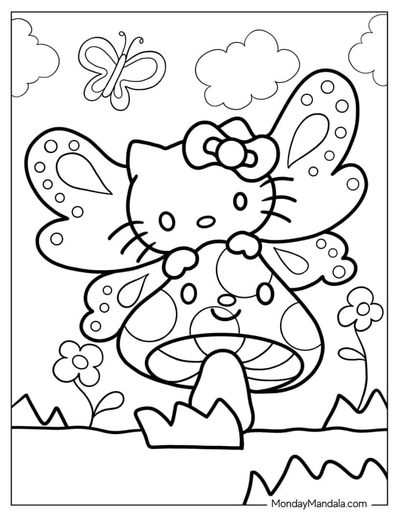 Butterfly Hello Kitty Hugging Mushroom To Color coloring page