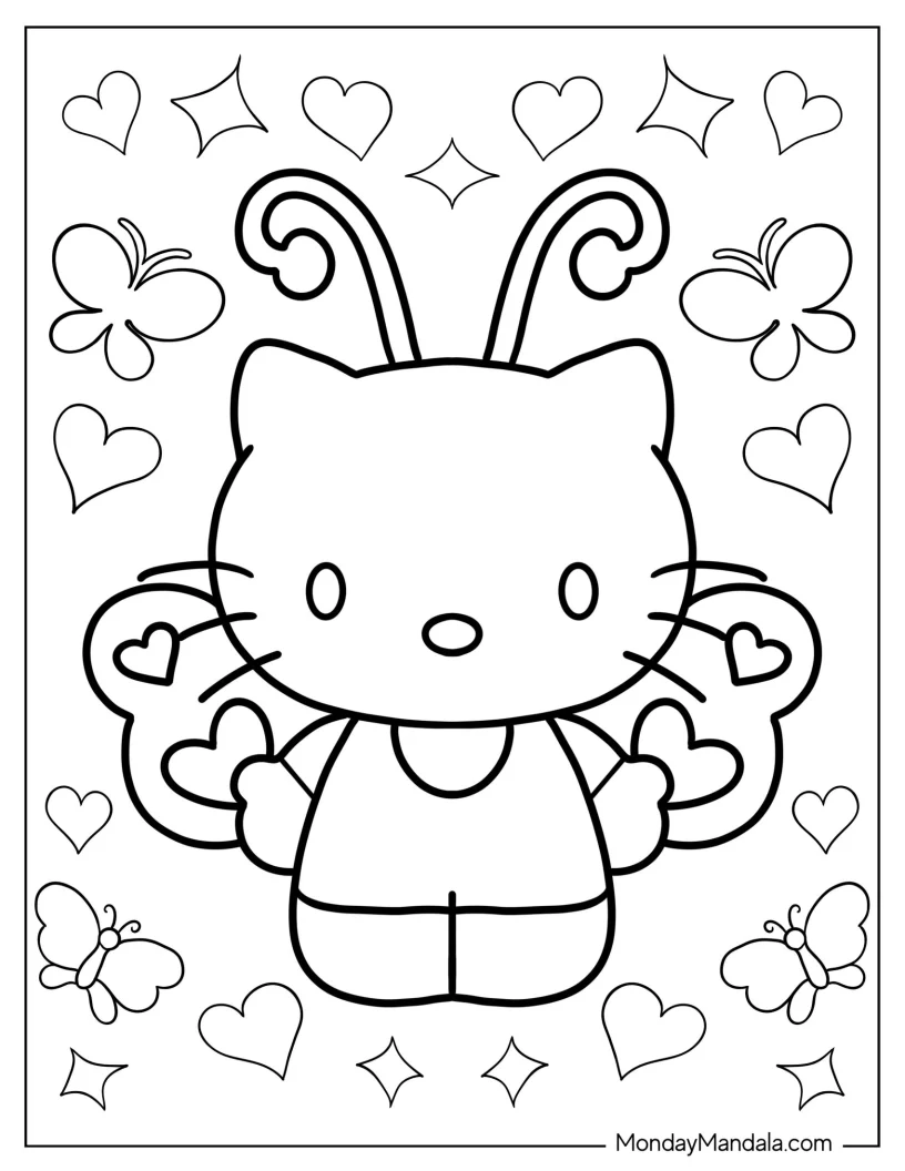 Coloring Page Of Hello Kitty With Butterfly Wings coloring page — printable line art