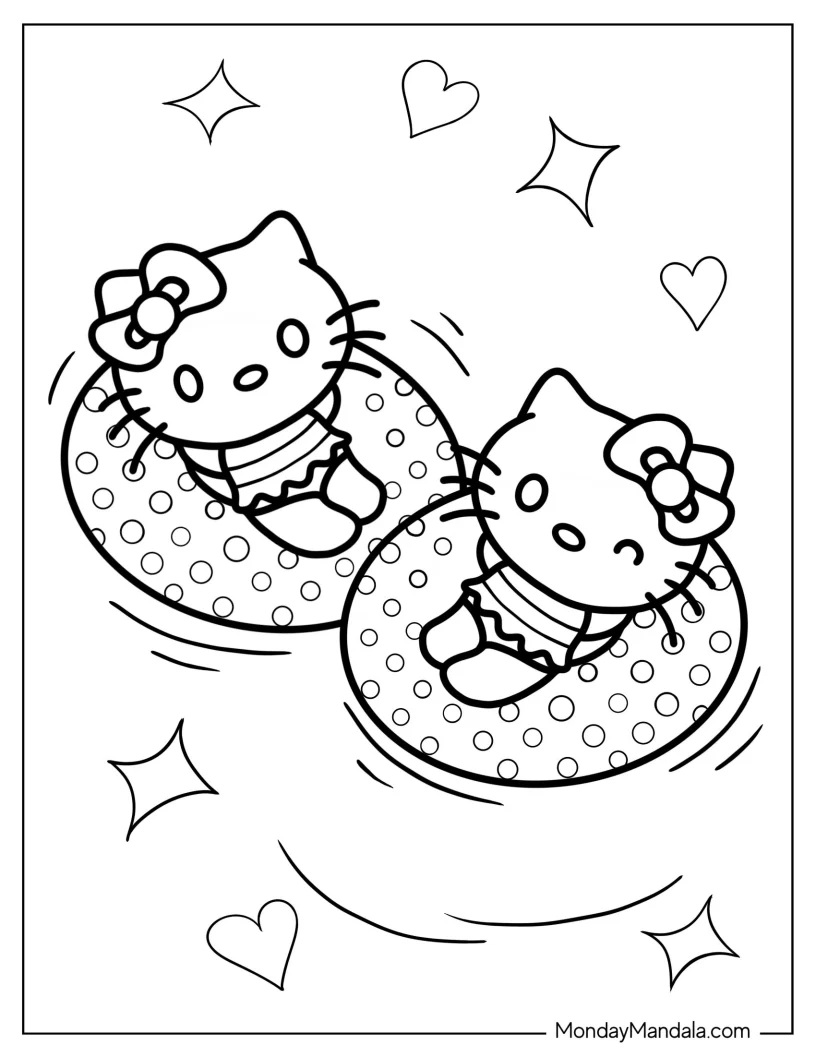 Coloring Sheet Of Hello Kitty And Mimmy In The Pool coloring page