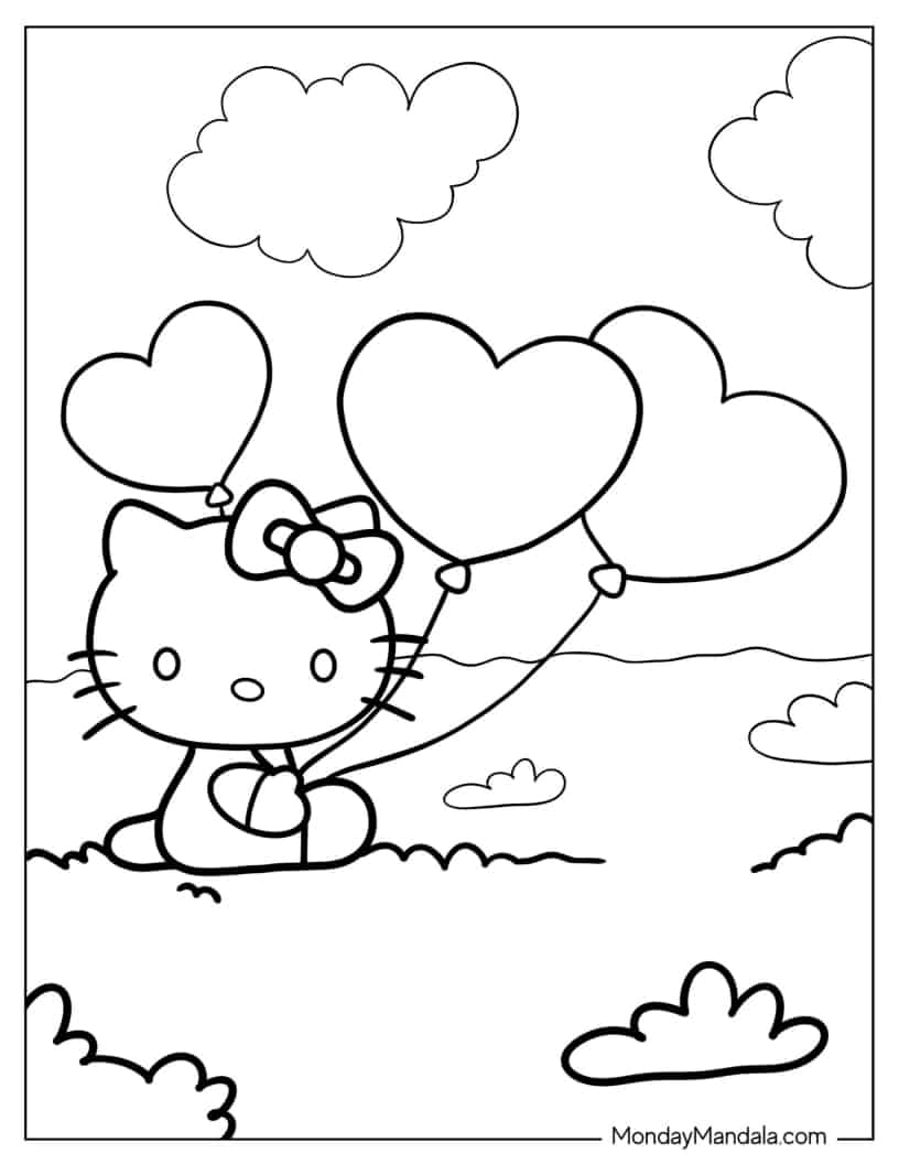 Coloring Sheet Of Hello Kitty Holding Heart Balloons coloring page