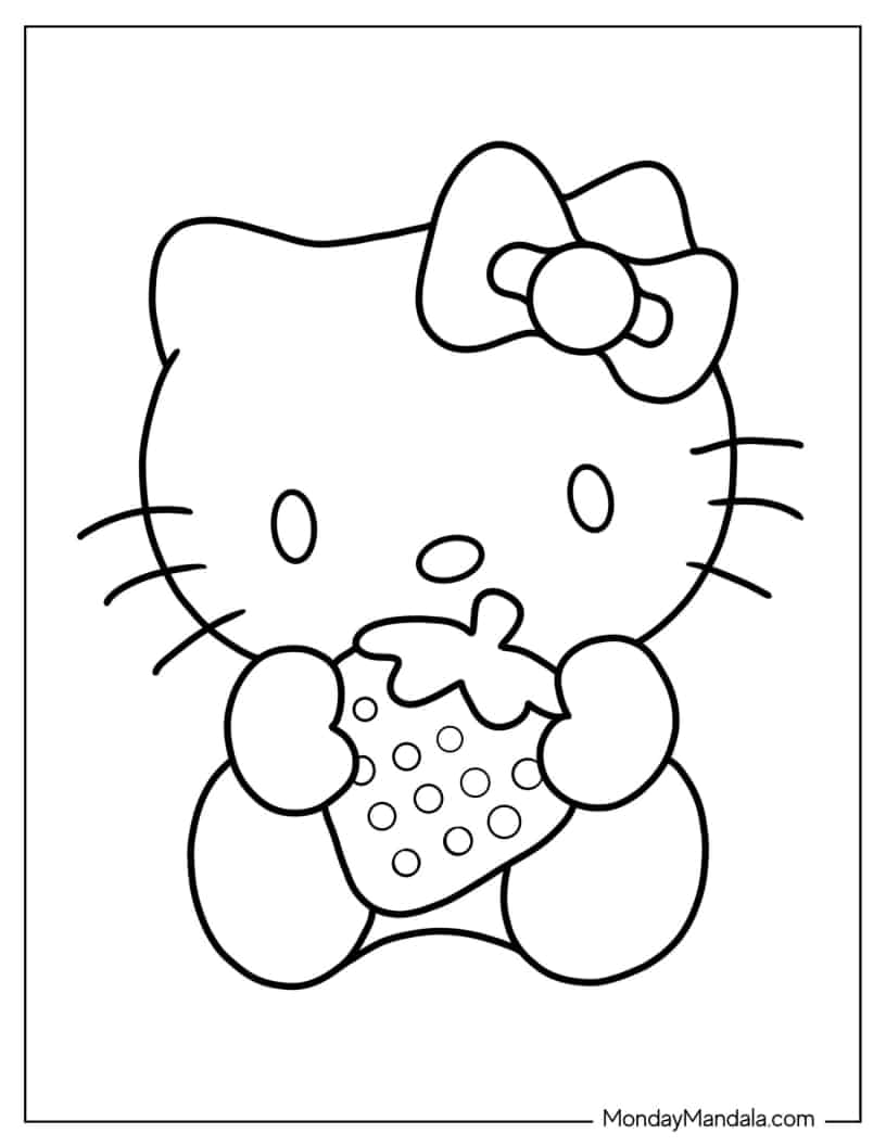 Coloring Sheet Of Hello Kitty Holding Strawberry coloring page — printable line art