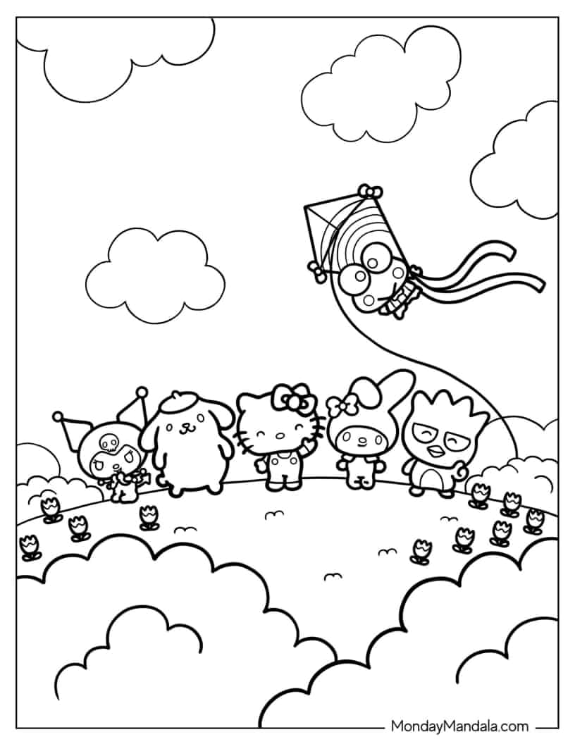 Coloring Sheet Of Hello Kitty Sanrio In A Field coloring page — printable line art