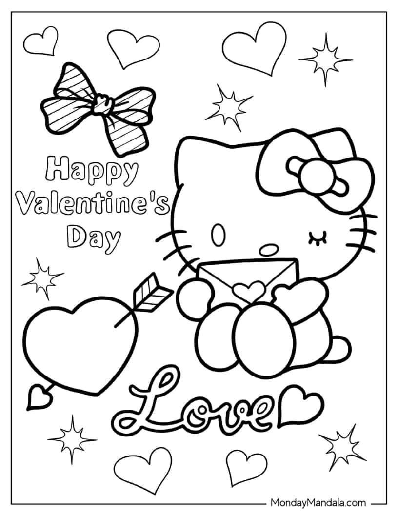 Coloring Sheet Of Hello Kitty With Valentine_s Day Card coloring page — printable line art