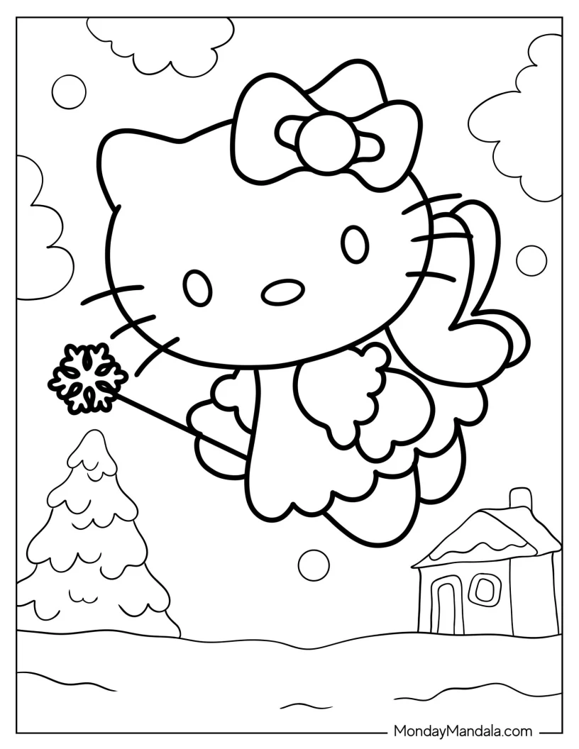 Coloring Sheet Of Winter Hello Kitty Fairy coloring page — printable line art