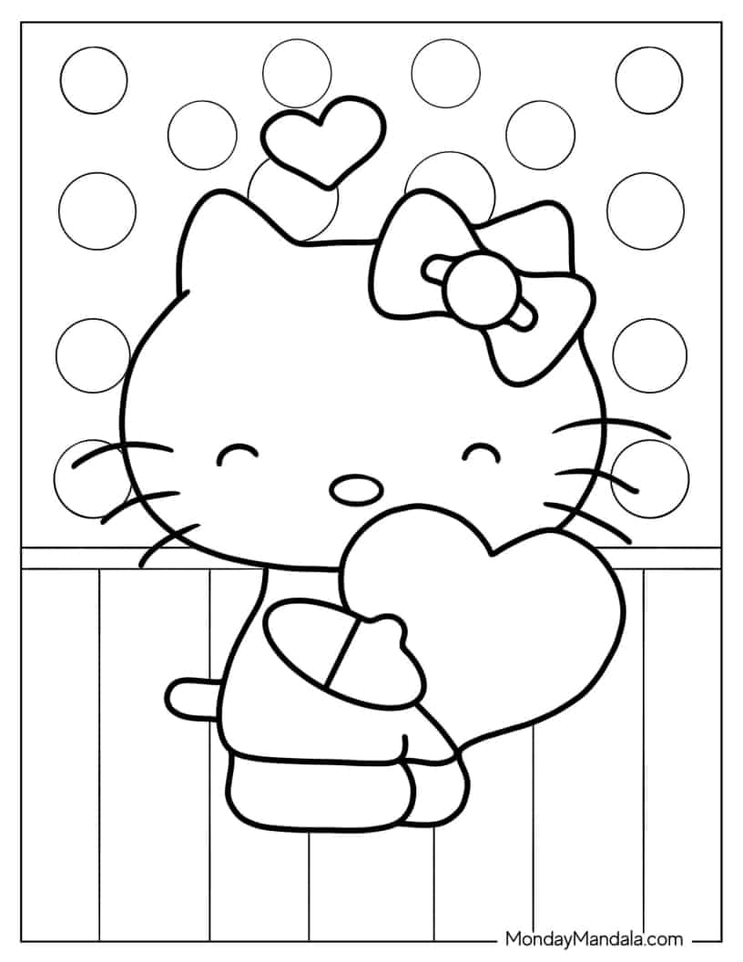 Cute Coloring Page Of Hello Kitty Holding Heart coloring page — printable line art