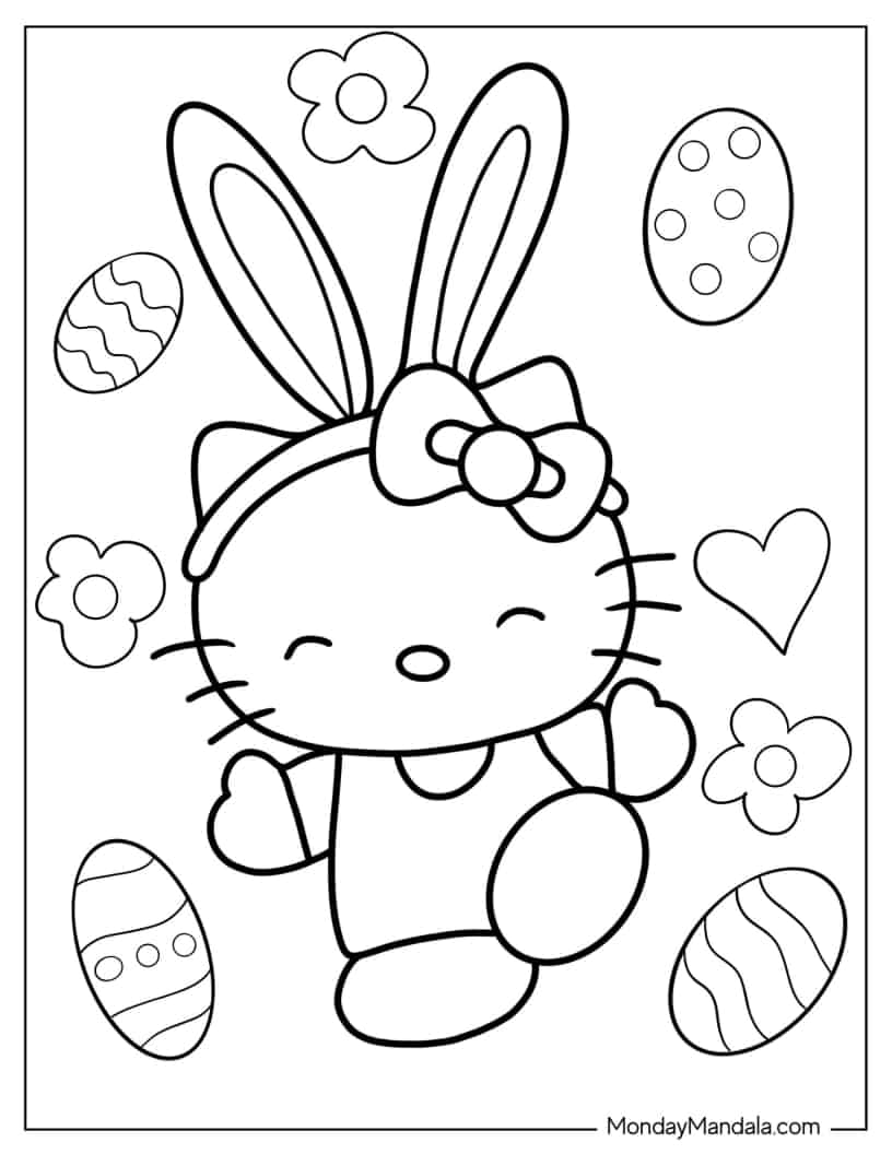 Cute Hello Kitty Wearing Bunny Ears coloring page