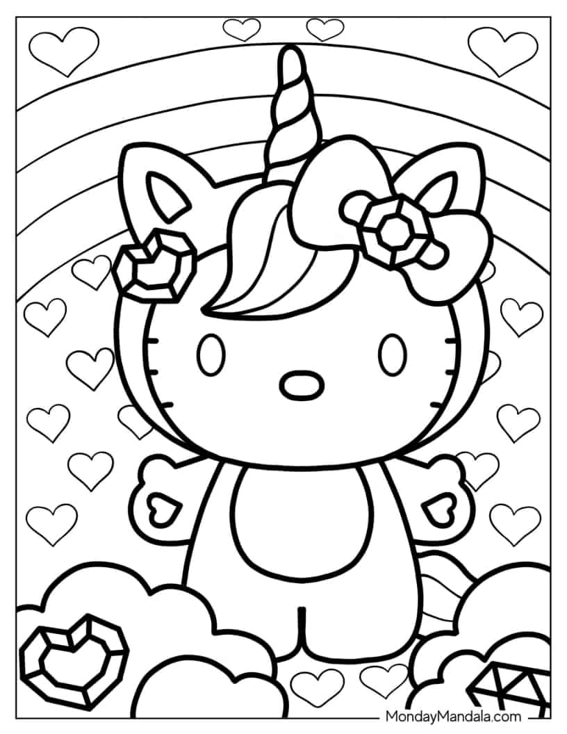 Cute Unicorn Hello Kitty For Preschoolers coloring page — printable line art