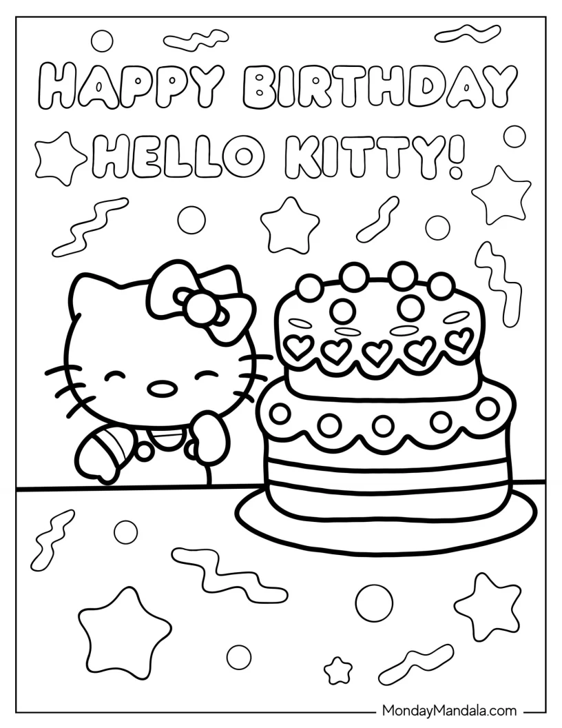Happy Birthday Hello Kitty With Cake coloring page