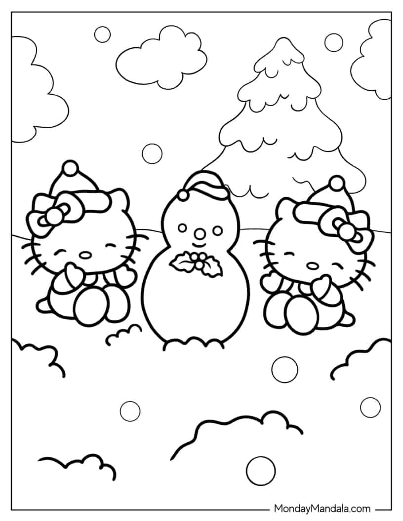 Hello Kitty And Mimmy Making Christmas Snowman coloring page — printable line art