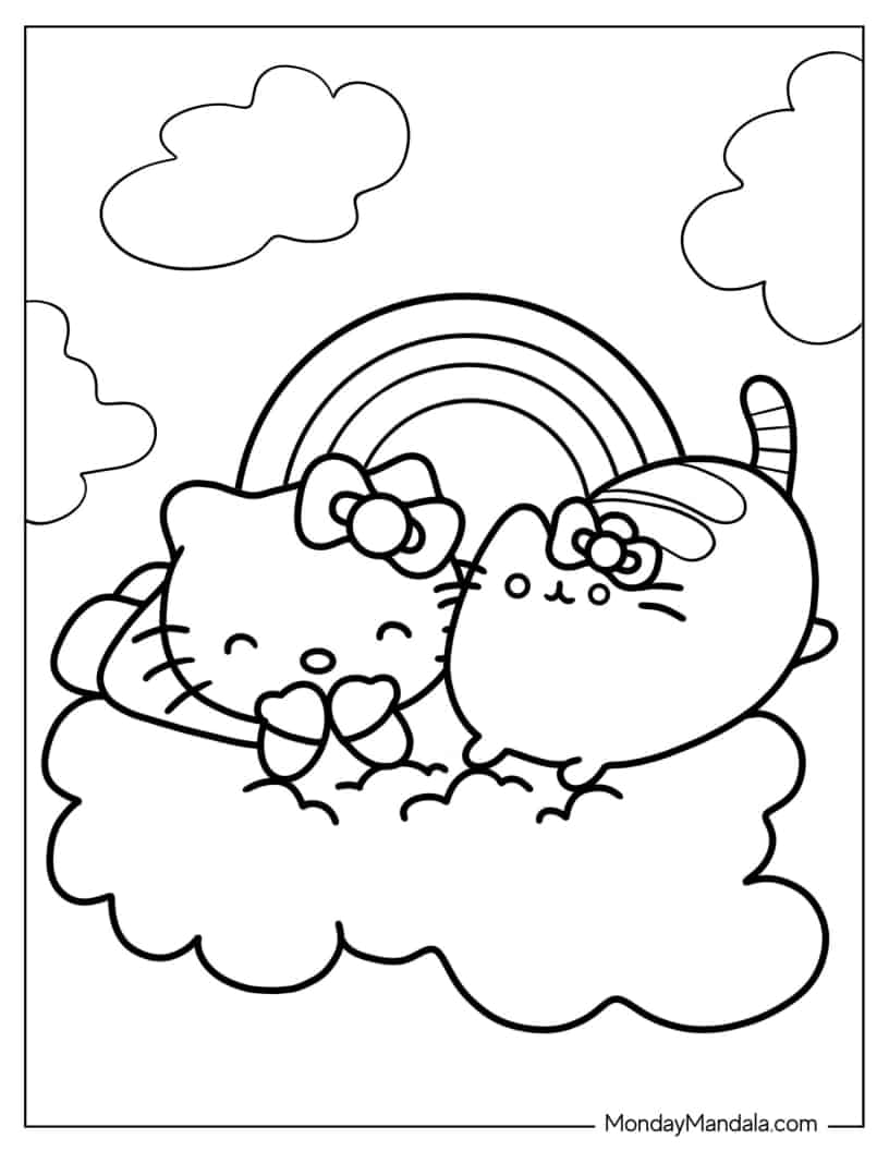 Hello Kitty And Pusheen On A Cloud coloring page — printable line art