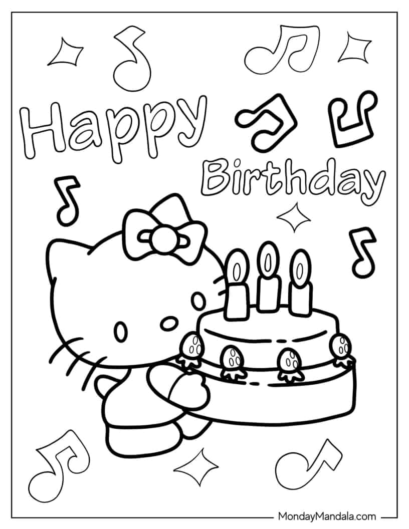 Hello Kitty Carrying Birthday Cake coloring page — printable line art