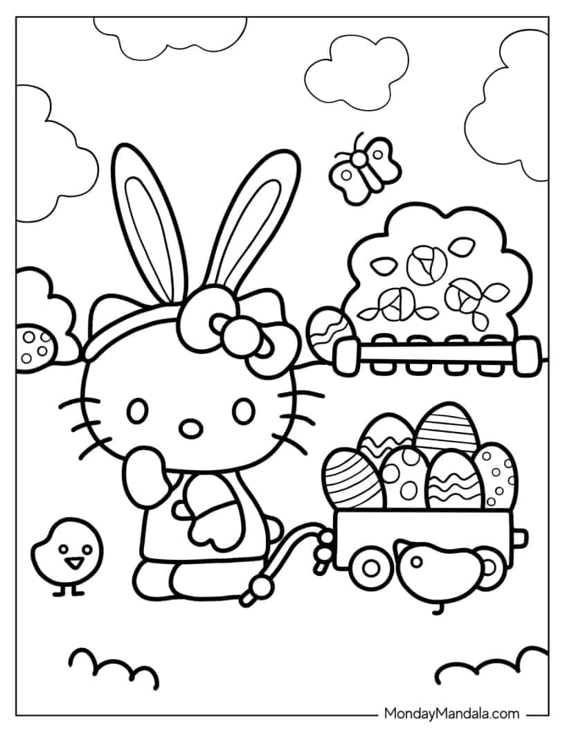 Hello Kitty Collecting Easter Eggs Coloring Sheet coloring page