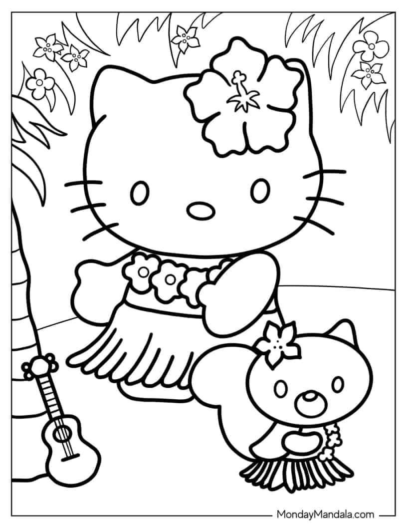 Hello Kitty Dancing Hula coloring page — printable line art