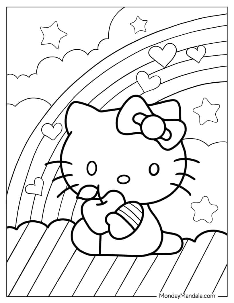 Hello Kitty Eating Apple To Color coloring page