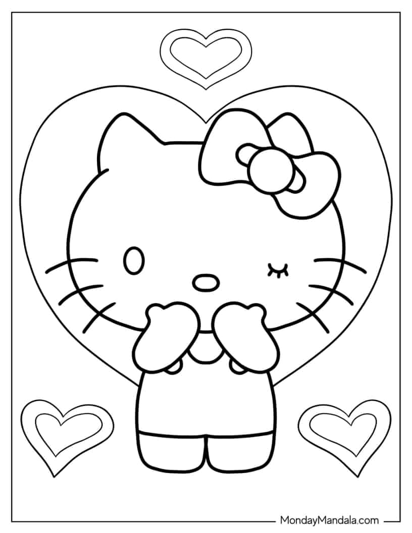 Hello Kitty Flying Kiss coloring page — printable line art
