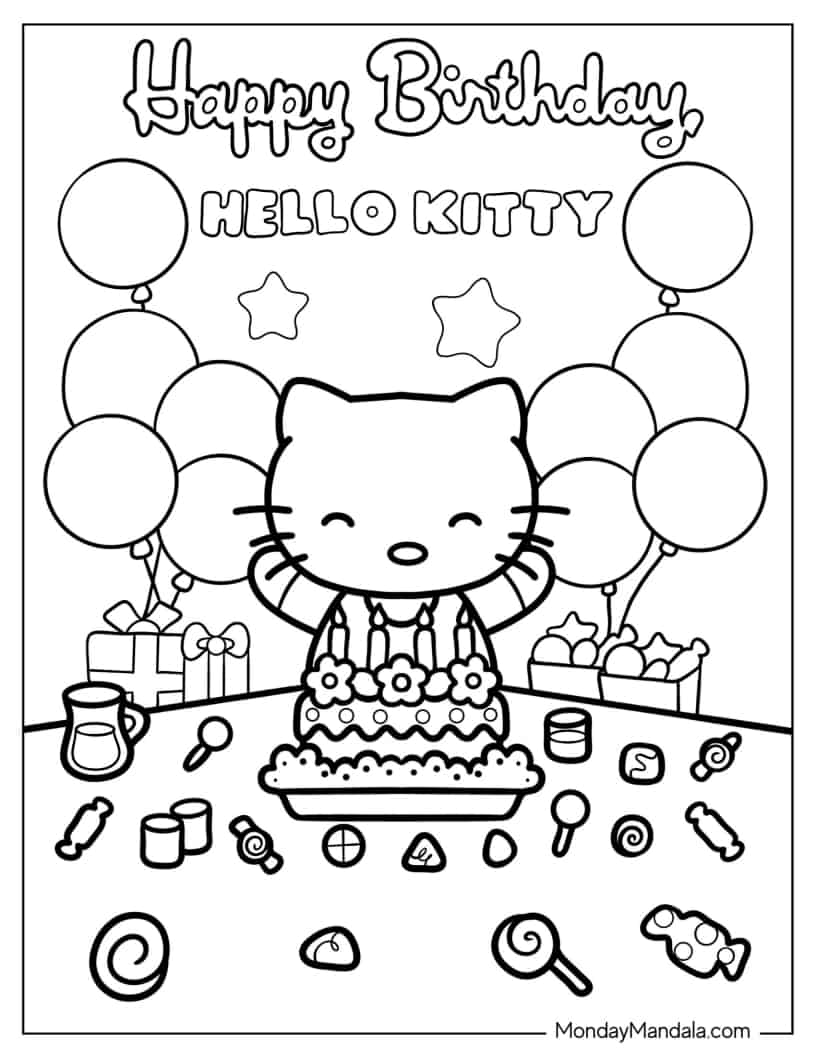 Hello Kitty Happy Birthday Greeting Coloring In coloring page — printable line art