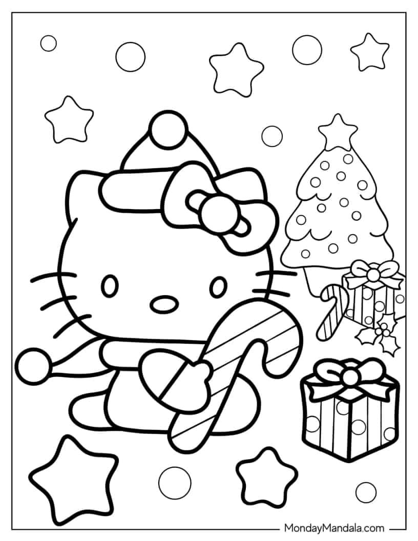 Hello Kitty Holding Candy Cane On Christmas coloring page
