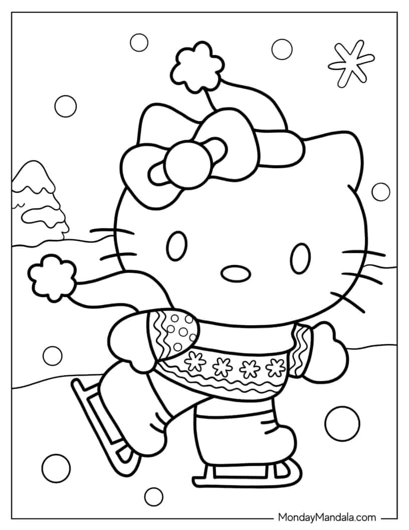 Hello Kitty Ice Skating In Winter coloring page — printable line art