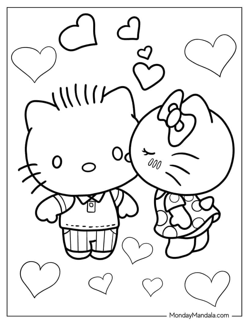 Hello Kitty Kissing Dear Daniel On The Cheek coloring page — printable line art