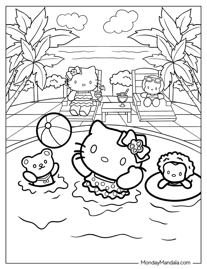 Hello Kitty Playing In The Pool With Friends coloring page