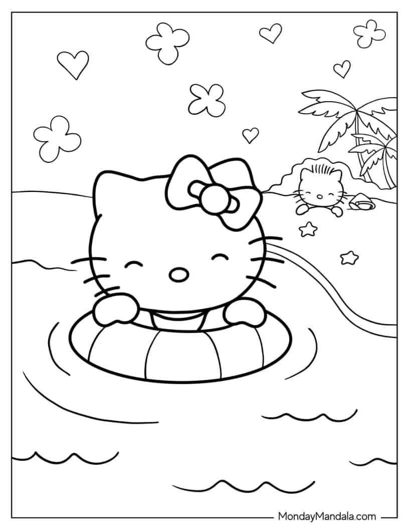 Hello Kitty Playing On The Beach With Dear Daniel coloring page — printable line art