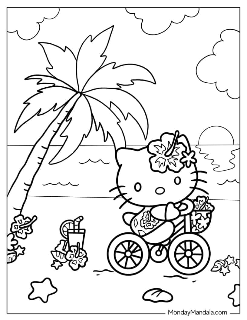 Hello Kitty Riding Bike On The Beach Coloring In coloring page — printable line art