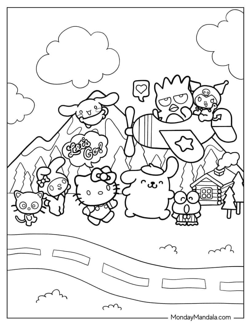 Hello Kitty _ Sanrio Friends Playing To Color coloring page — printable line art