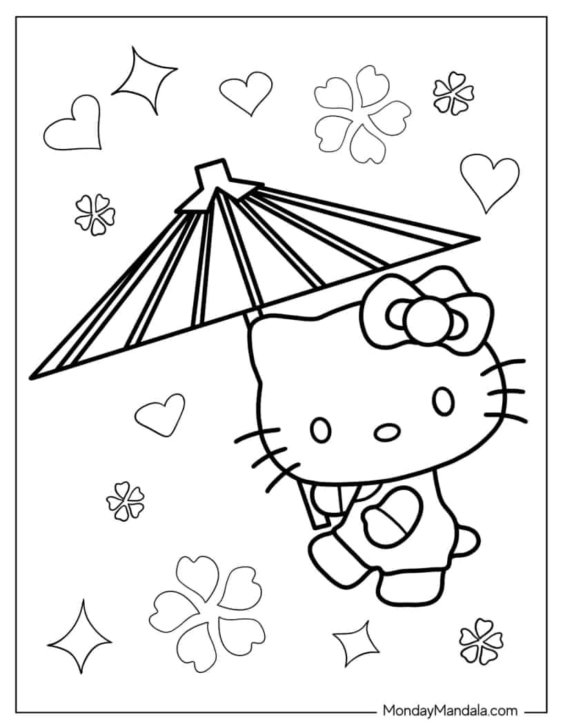 Hello Kitty Using Parasol Coloring In coloring page