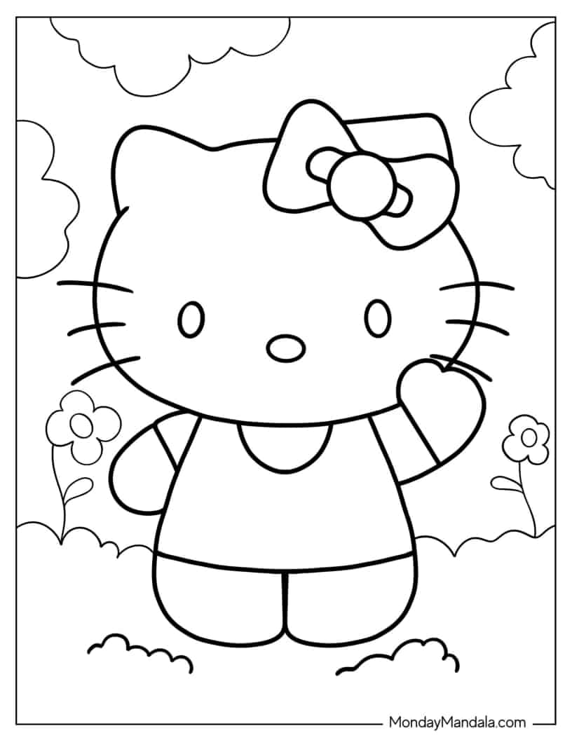 Hello Kitty Waving coloring page — printable line art