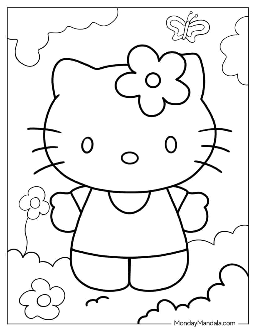 Hello Kitty With Flower On Her Head coloring page — printable line art