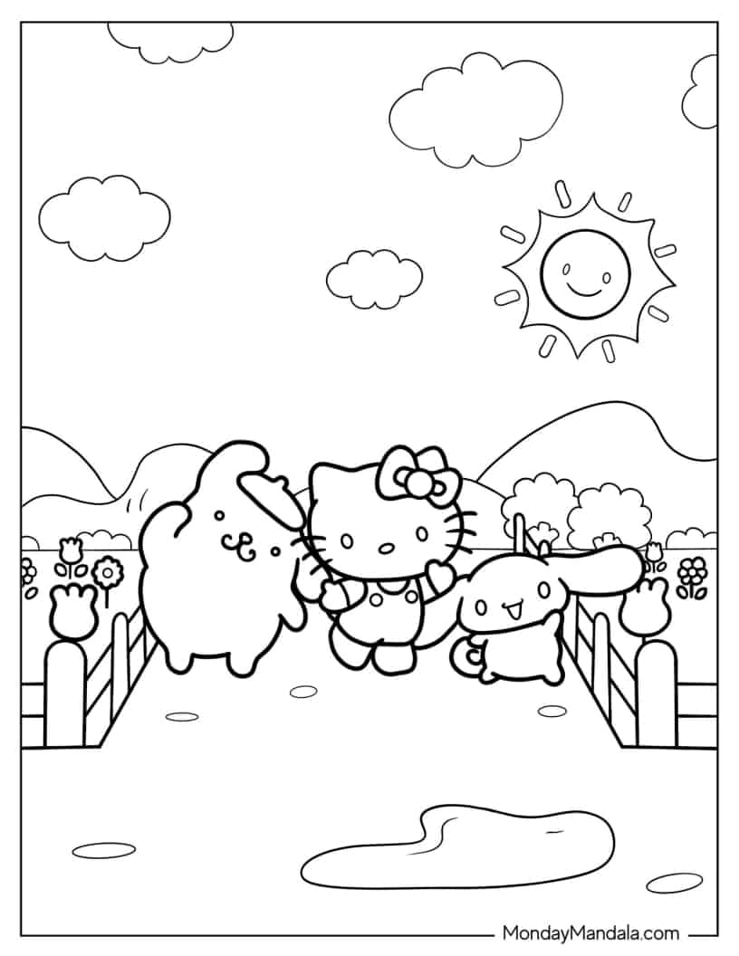 Hello Kitty With Pompompurin And Cinnamoroll coloring page — printable line art