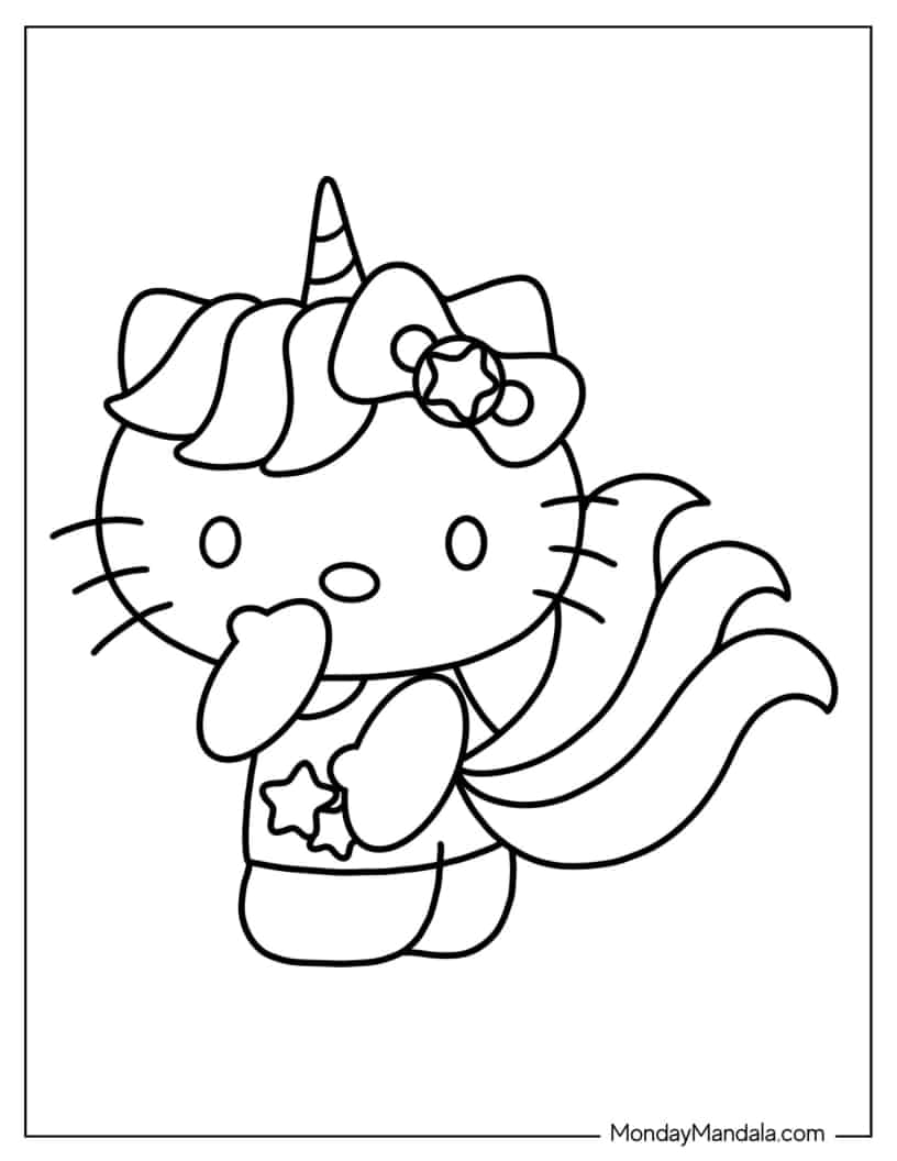 Kawaii Unicorn Hello Kitty Coloring In For Kids coloring page